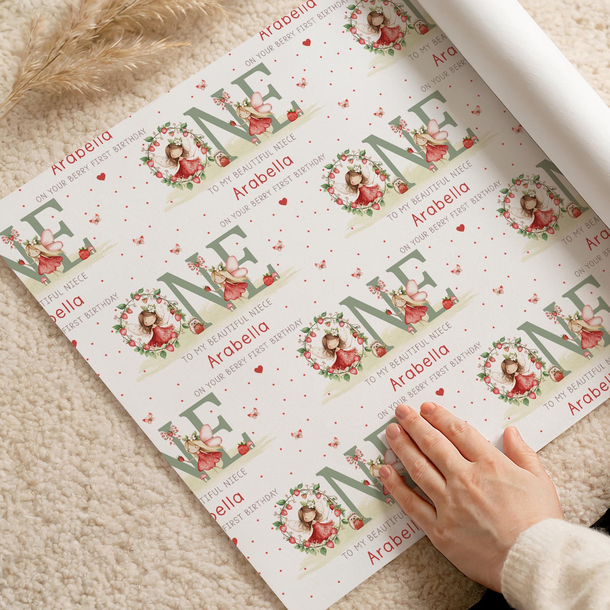 Berry First Birthday Wrapping Paper, Personalised 1st Strawberry Birthday Gift Wrap for Daughter, Granddaughter, Niece, Sweet One Birthday