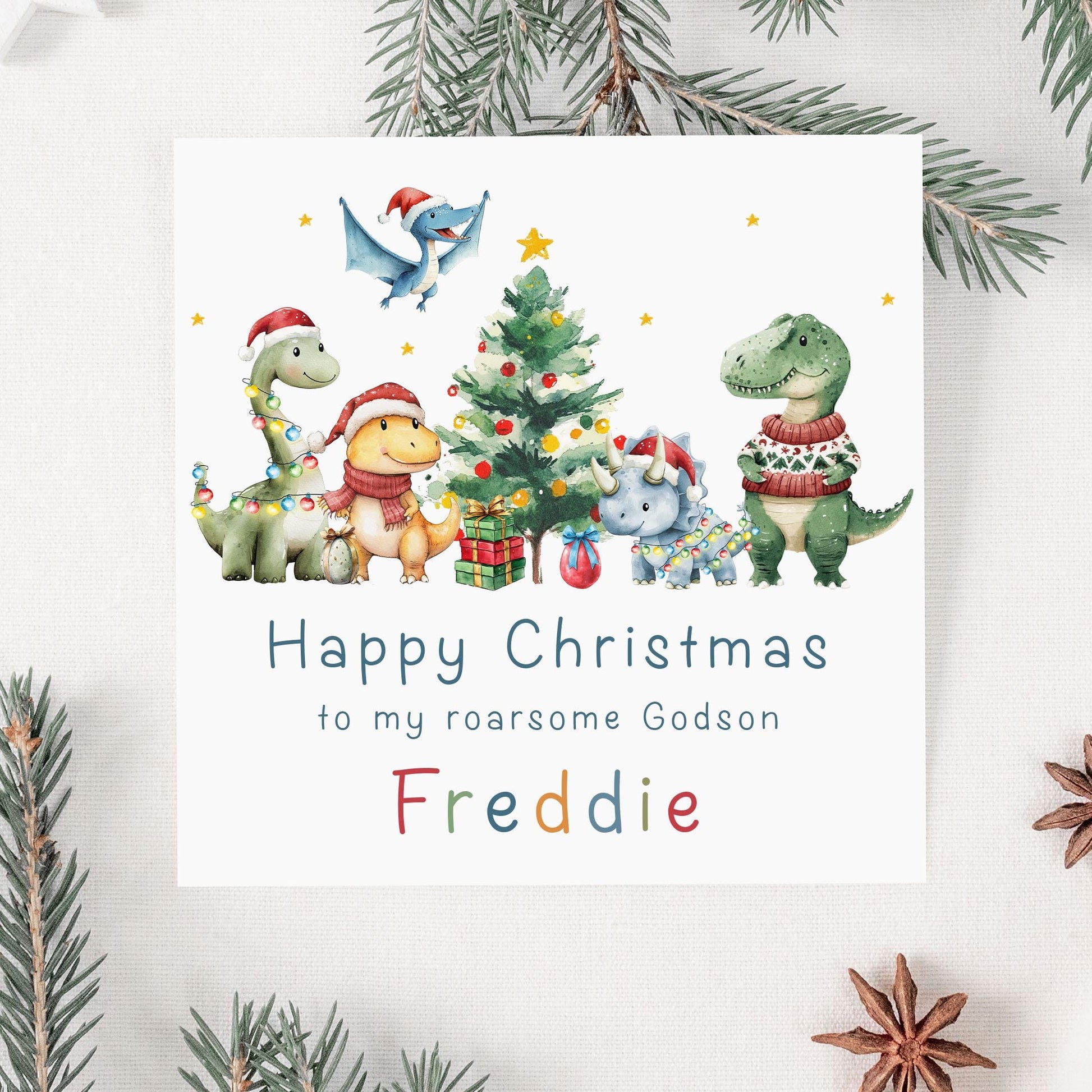 Dinosaur Christmas Card for Kids, Personalised Dino Xmas Card for a Roarsome Son, Grandson, Nephew, Little Boy, Fun Dinosaur Xmas Card