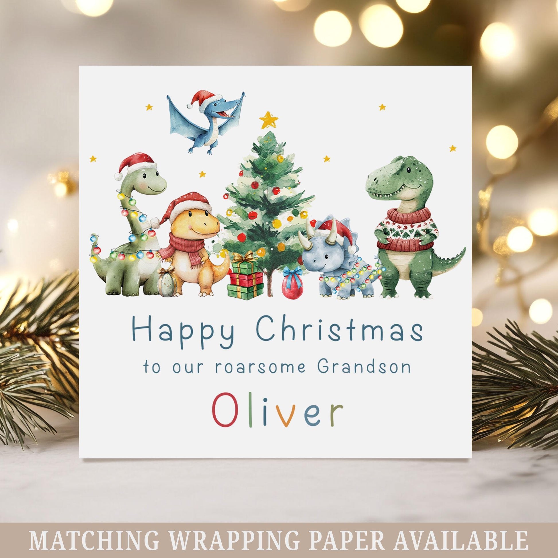 Dinosaur Christmas Card for Kids, Personalised Dino Xmas Card for a Roarsome Son, Grandson, Nephew, Little Boy, Fun Dinosaur Xmas Card