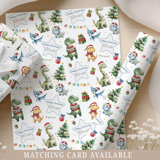 Christmas Dinosaur Gift Wrapping Paper for Kids, Personalised Fun Dino Xmas Gift Wrap for Boys, for a Roarsome Son, Grandson, Nephew