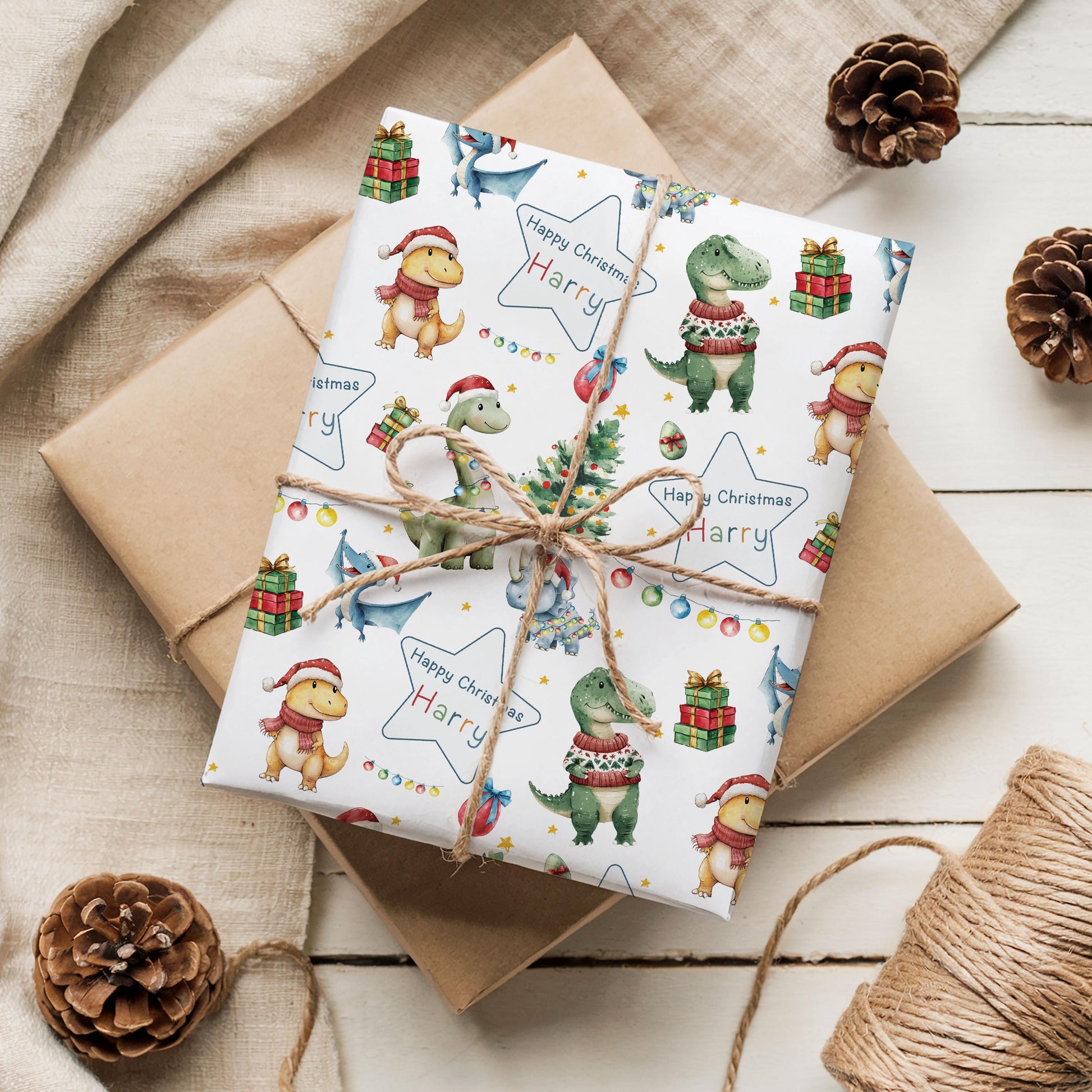 Christmas Dinosaur Gift Wrapping Paper for Kids, Personalised Fun Dino Xmas Gift Wrap for Boys, for a Roarsome Son, Grandson, Nephew