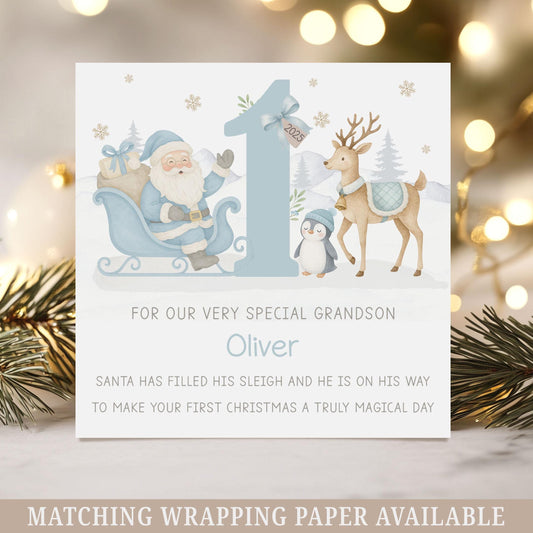 First Christmas Card for Baby Boy, Personalised Blue Santa 1st Christmas Card for Son, Grandson, Nephew, Godson, Boy's 1st Xmas Card