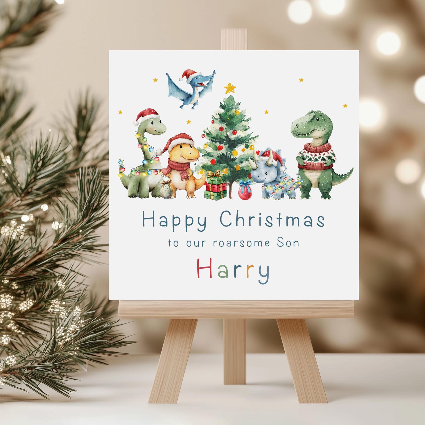 Dinosaur Christmas Card for Kids, Personalised Dino Xmas Card for a Roarsome Son, Grandson, Nephew, Little Boy, Fun Dinosaur Xmas Card