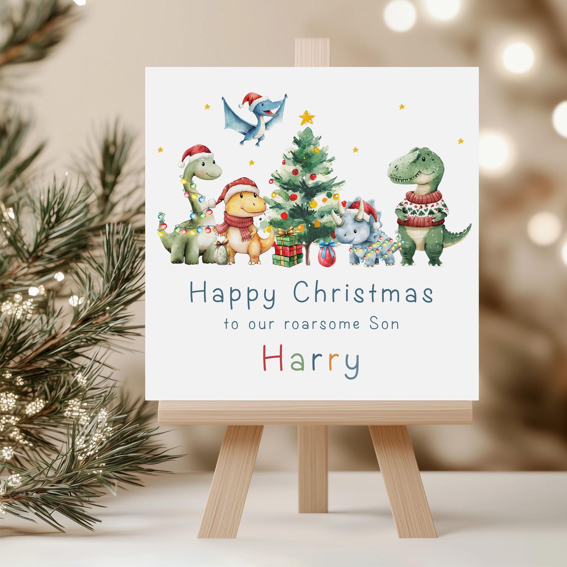 Dinosaur Christmas Card for Kids, Personalised Dino Xmas Card for a Roarsome Son, Grandson, Nephew, Little Boy, Fun Dinosaur Xmas Card