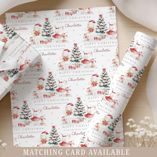 Girl's Christmas Gift Wrapping Paper, Personalised Ballerina Xmas Gift Wrap for Daughter, Granddaughter, Niece, Xmas Ballerina Bunny