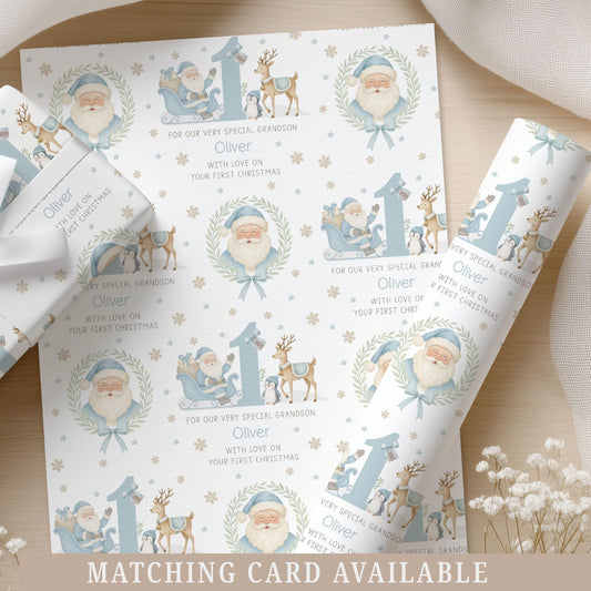 1st Christmas Gift Wrapping Paper, Personalised First Xmas Gift Wrap for Baby Boy, Son, Grandson, Nephew, Godson Blue Santa Claus Xmas Paper
