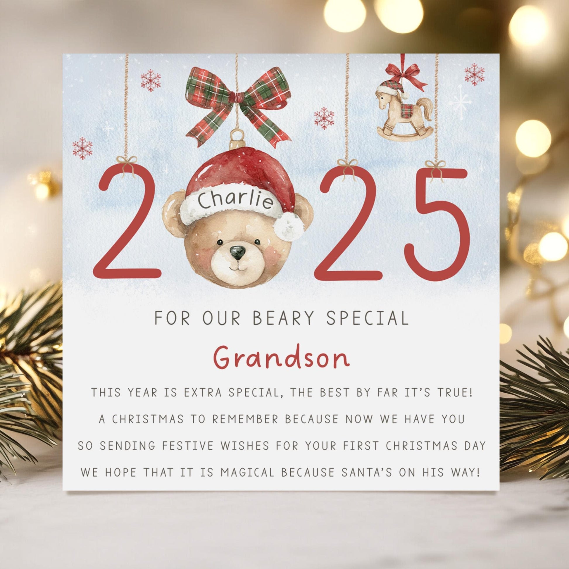First Christmas Card for Baby Boy, Personalised Teddy Bear 1st Xmas Card for Son, Grandson, Great Grandson, Nephew, Godson, 1st Xmas 2025