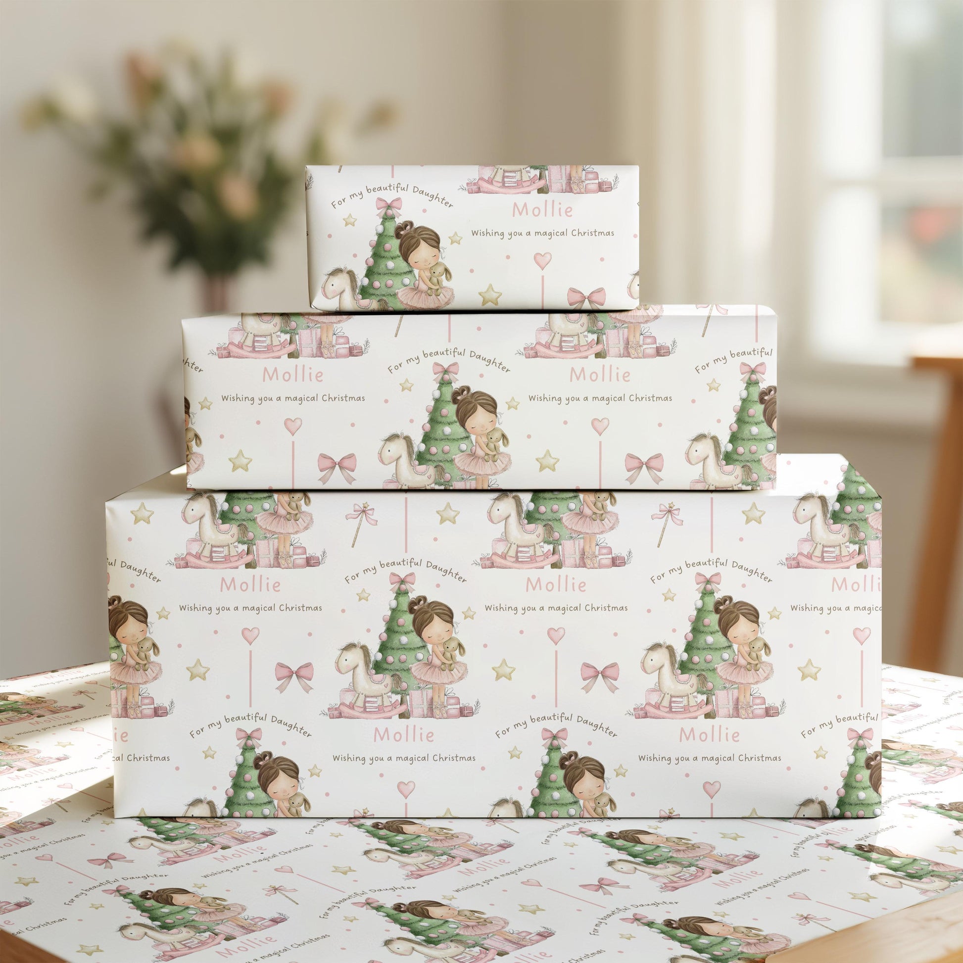 Pink Xmas Wrapping Paper for Girls, Personalised Custom Pink Ballerina Xmas Gift Wrap for Daughter, Granddaughter, Niece Special Little Girl