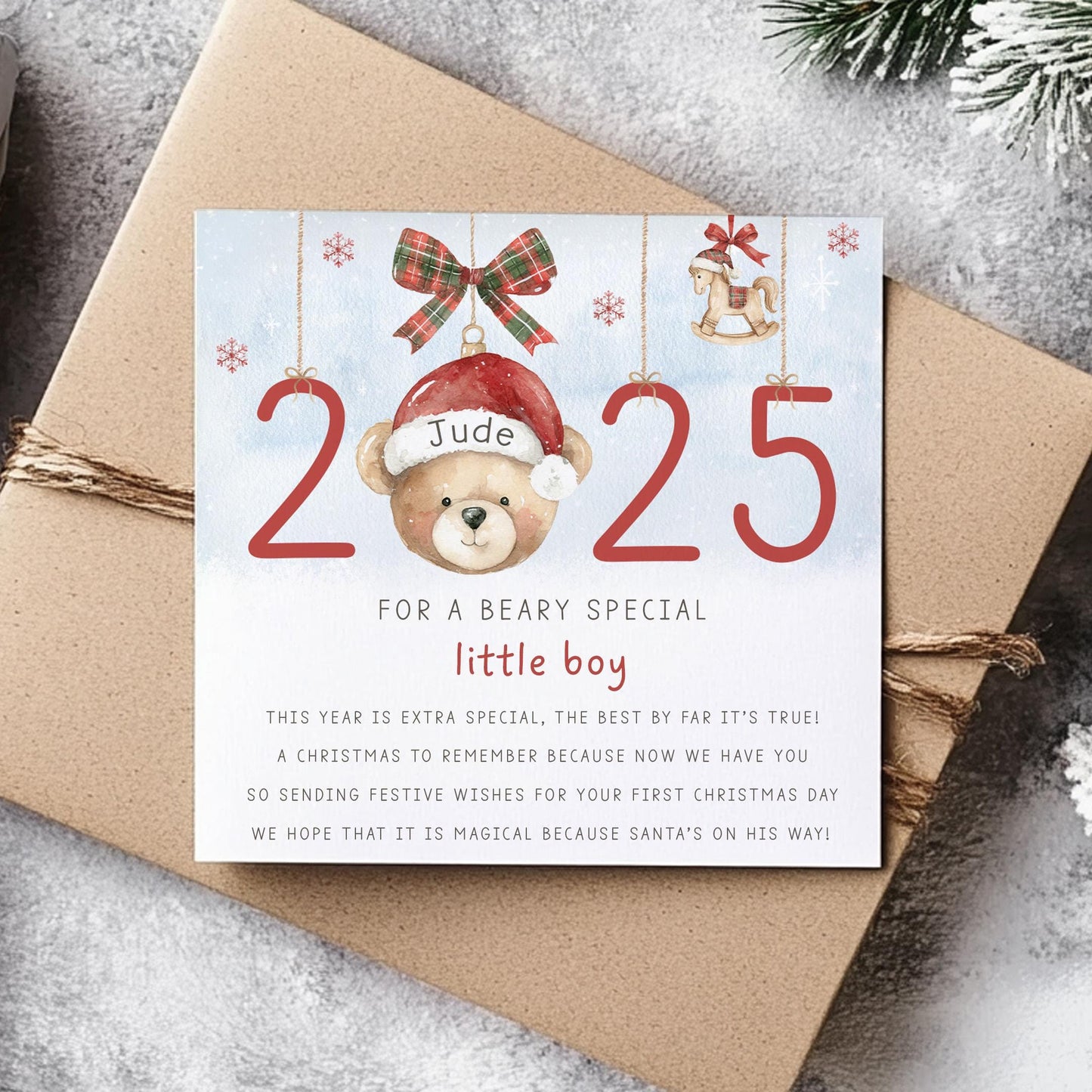 First Christmas Card for Baby Boy, Personalised Teddy Bear 1st Xmas Card for Son, Grandson, Great Grandson, Nephew, Godson, 1st Xmas 2025