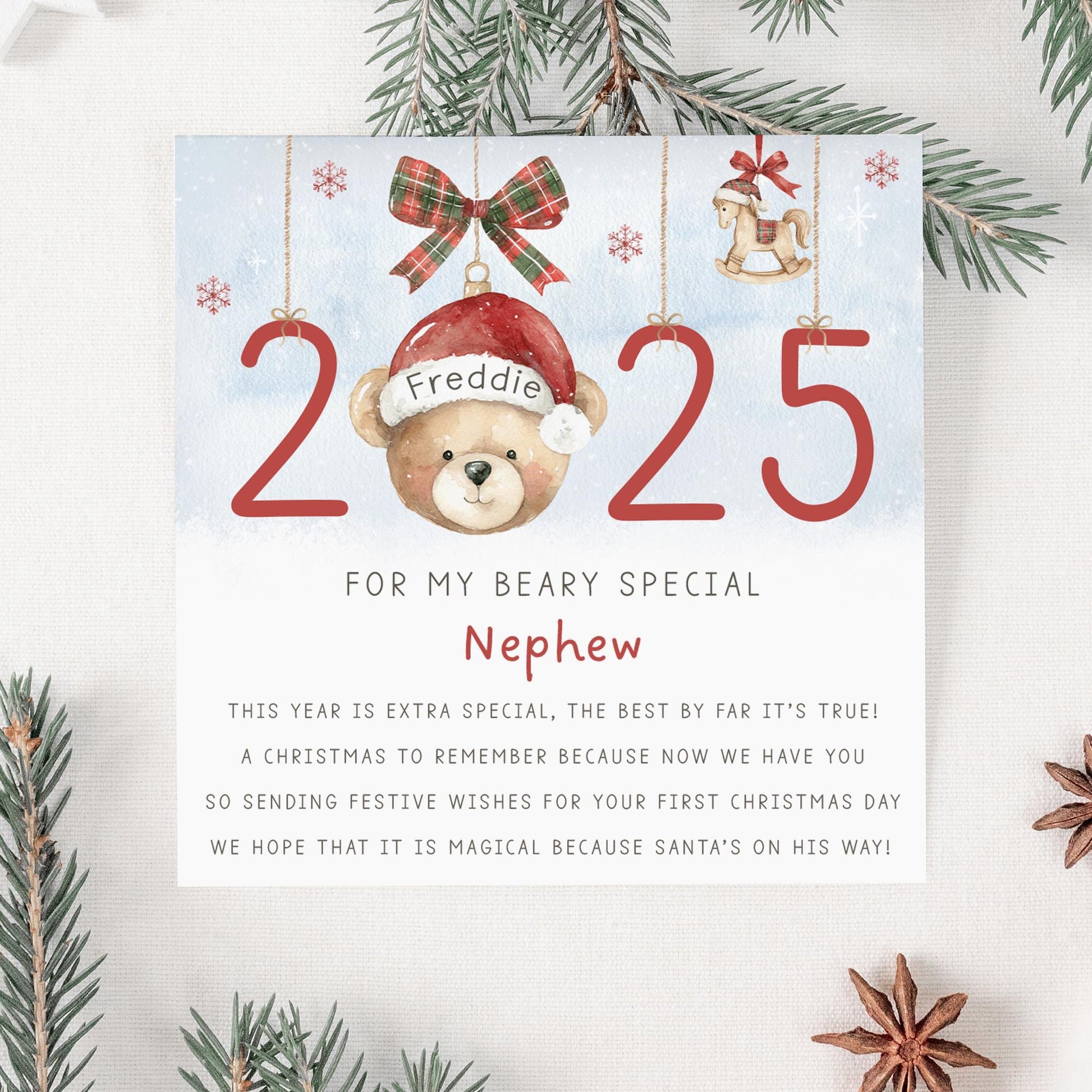 First Christmas Card for Baby Boy, Personalised Teddy Bear 1st Xmas Card for Son, Grandson, Great Grandson, Nephew, Godson, 1st Xmas 2025