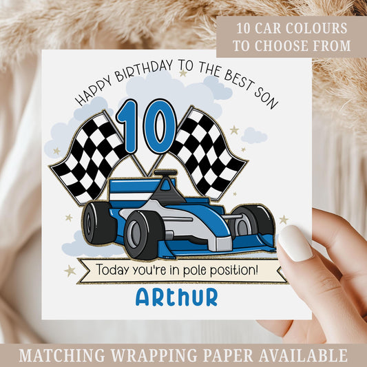 Race Car Birthday Card, Personalised for Son, Daughter, Grandson, Granddaughter, Nephew, Niece, Boys Girls, Motorsport Racing Car 10 Colours