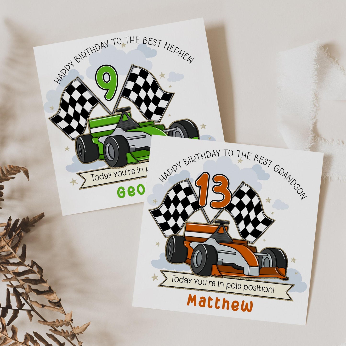 Race Car Birthday Card, Personalised for Son, Daughter, Grandson, Granddaughter, Nephew, Niece, Boys Girls, Motorsport Racing Car 10 Colours