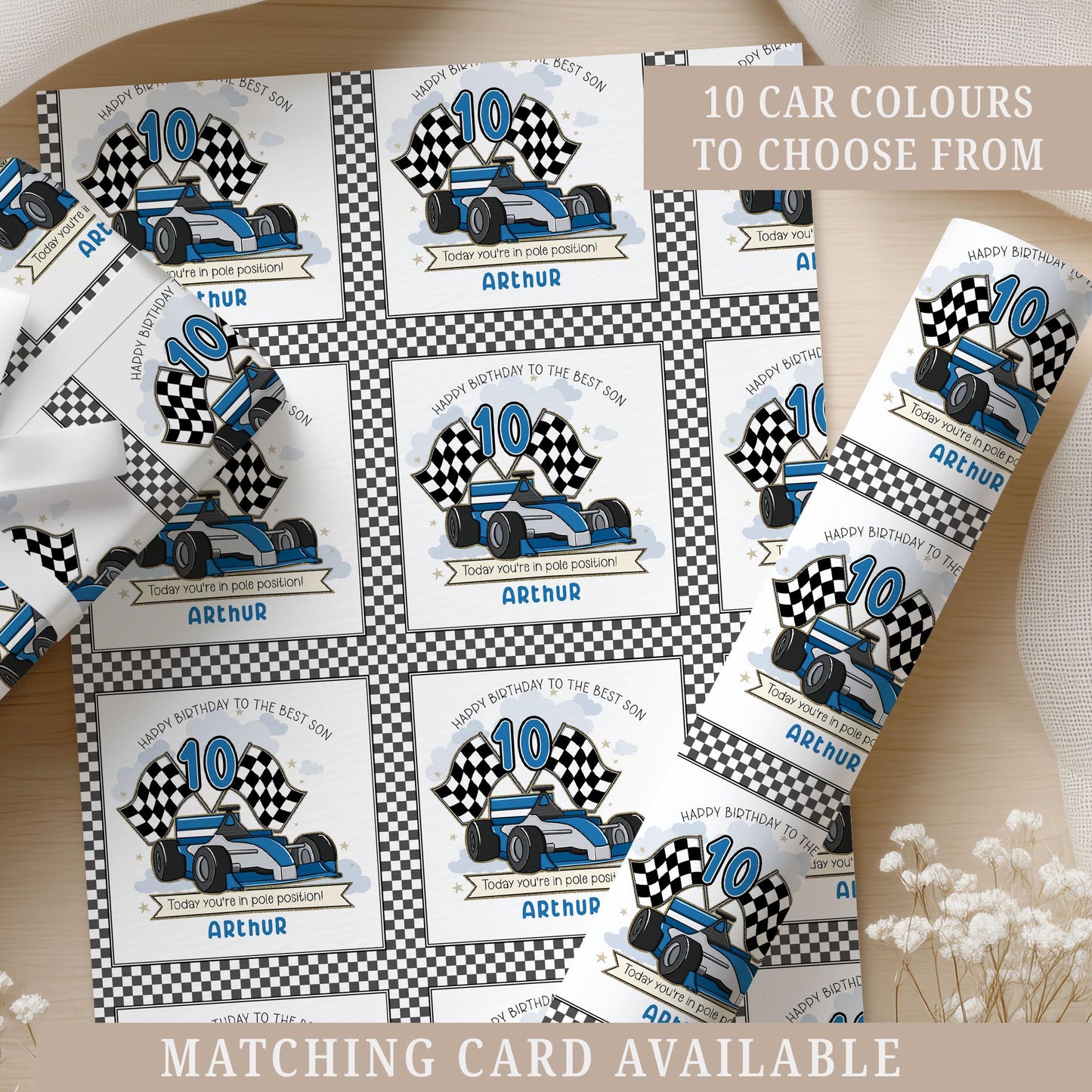 Race Car Birthday Gift Wrapping Paper for Kids, Personalised Any Age Motorsport Racing Car Gift Wrap for Boys and Girls, 10 Car Colours