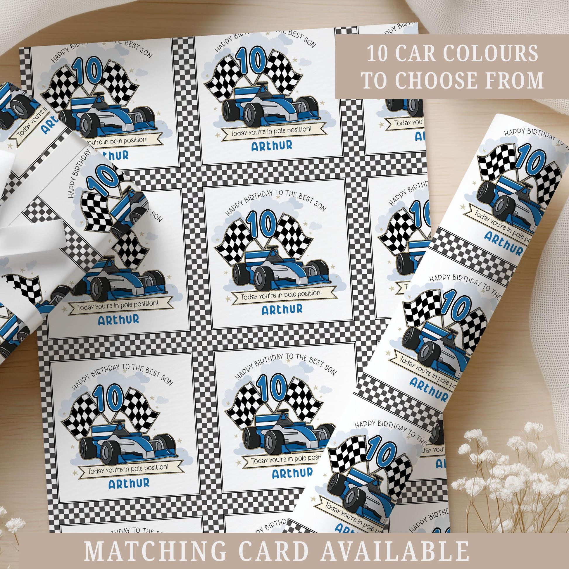 Race Car Birthday Gift Wrapping Paper for Kids, Personalised Any Age Motorsport Racing Car Gift Wrap for Boys and Girls, 10 Car Colours