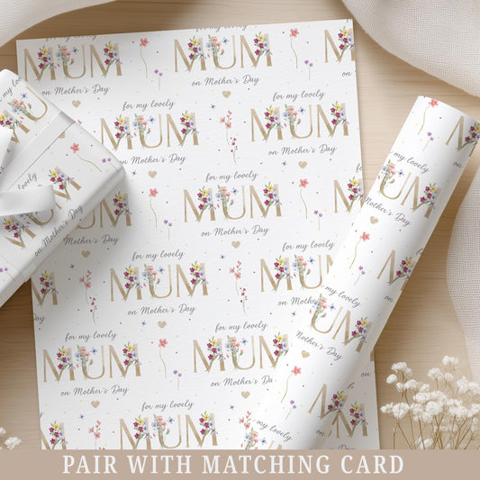 Mother's Day Wrapping Paper, Floral Letters Gift Wrap for Mum, Mam, Mom, Mummy, Mammy