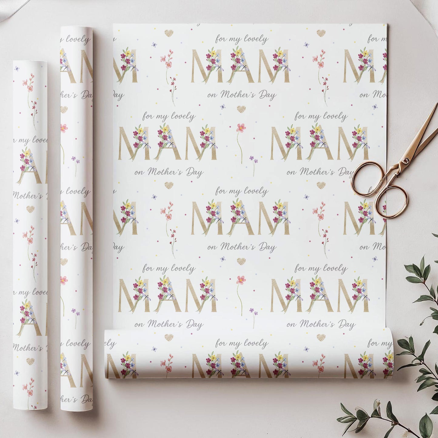 Mother's Day Wrapping Paper, Floral Letters Gift Wrap for Mum, Mam, Mom, Mummy, Mammy