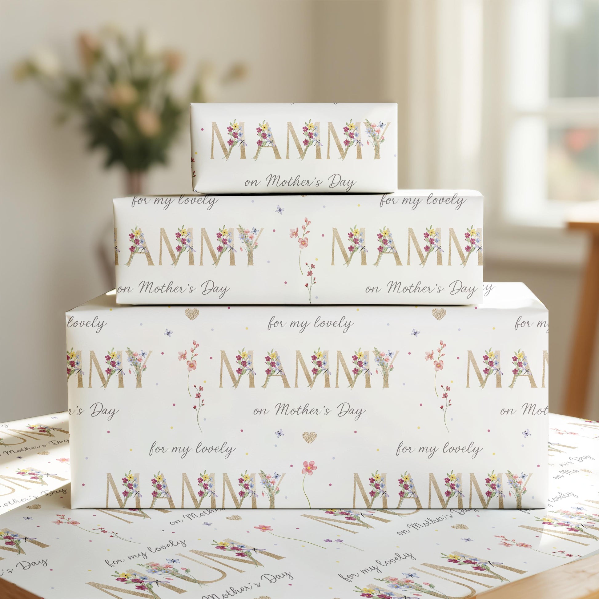 Mother's Day Wrapping Paper, Floral Letters Gift Wrap for Mum, Mam, Mom, Mummy, Mammy