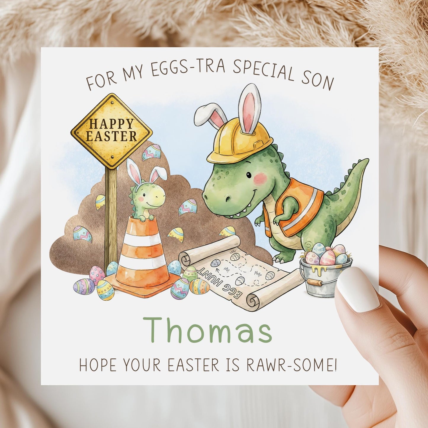 Dinosaur Easter Card for Boys - Grandson, Son, Nephew, Godson - Fun Dino Egg Hunt Easter Cards