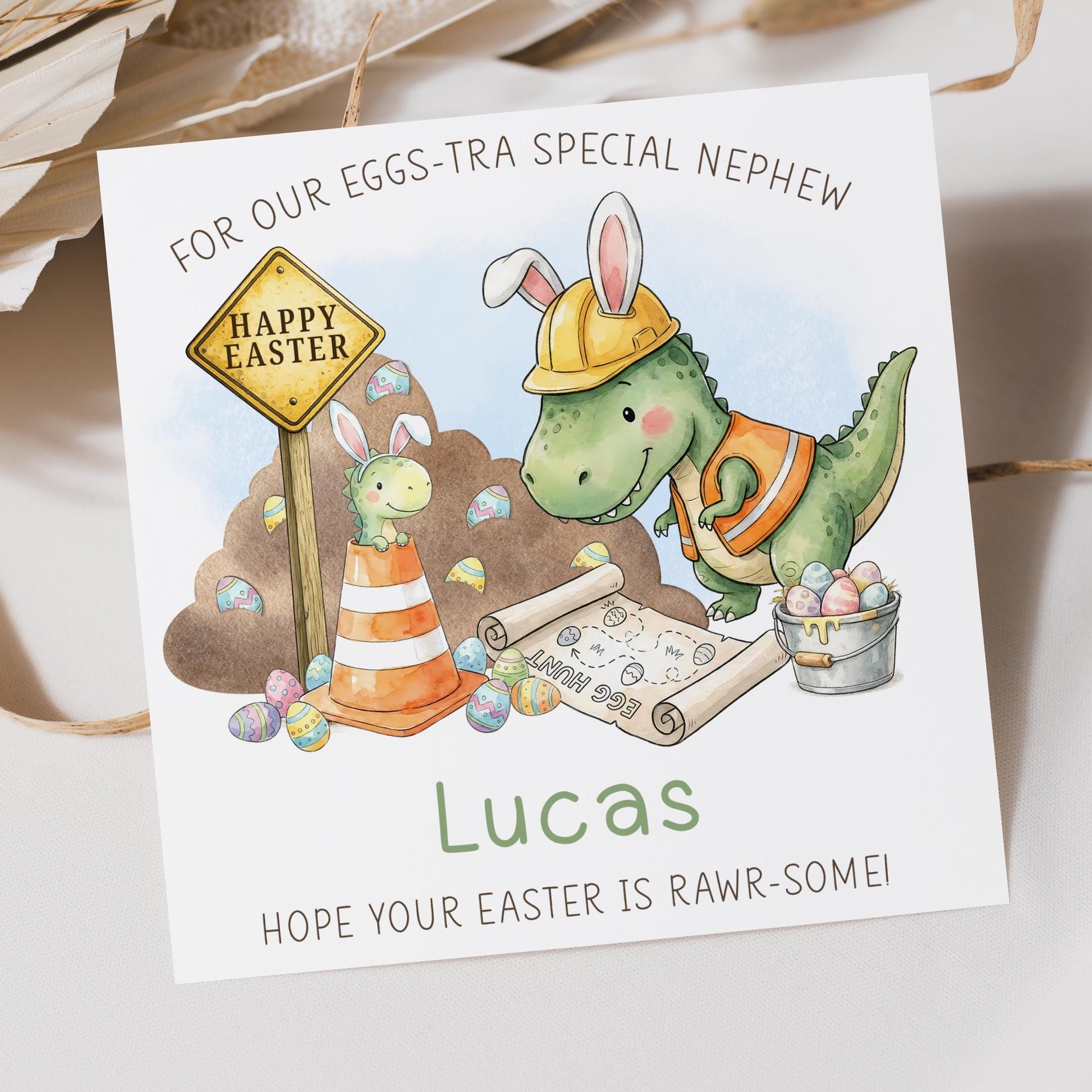Dinosaur Easter Card for Boys - Grandson, Son, Nephew, Godson - Fun Dino Egg Hunt Easter Cards