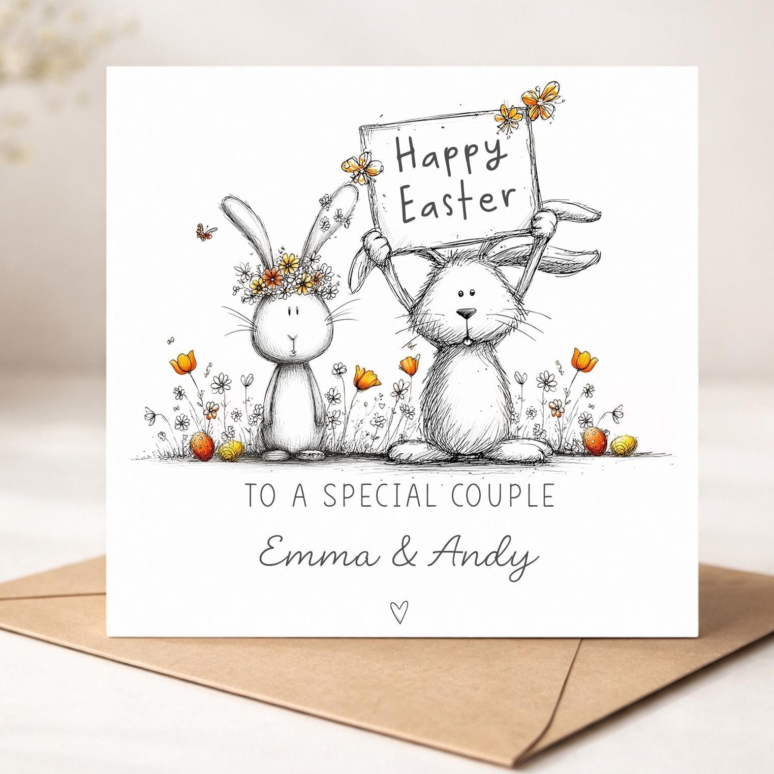 Easter Card for Special Couple, Personalised Cute Bunny Greeting Card with Custom Names for Parents, Grandparents, Friends