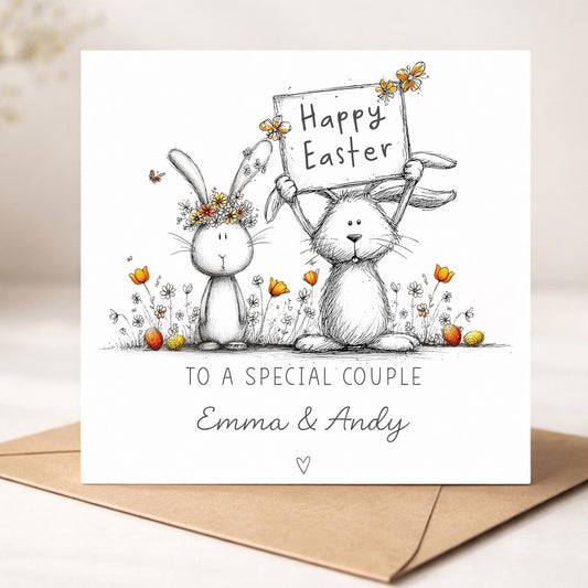 Easter Card for Special Couple, Personalised Cute Bunny Greeting Card with Custom Names for Parents, Grandparents, Friends