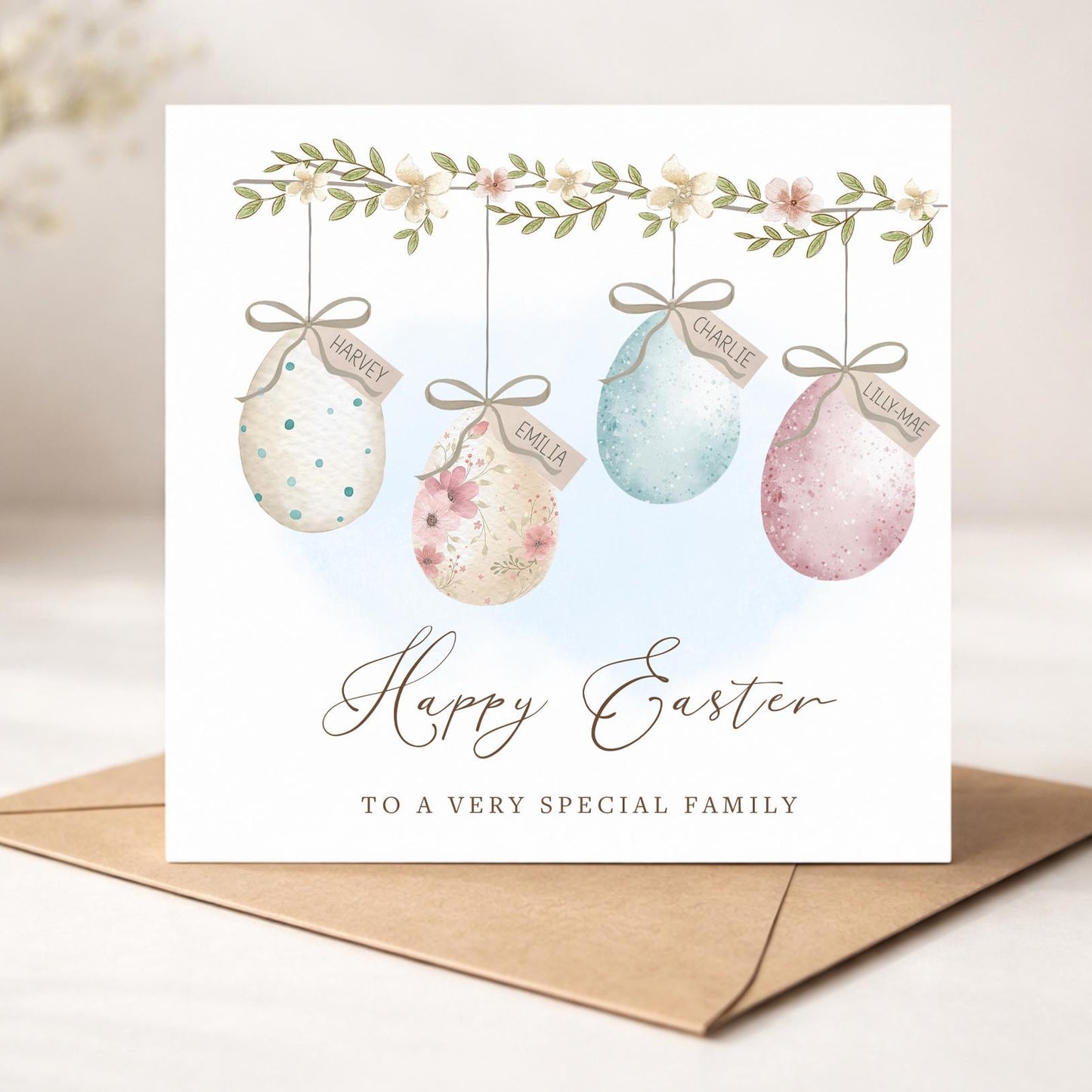 Personalised Easter Card for Family, Custom Names Easter Eggs Card for Son, Daughter & Family