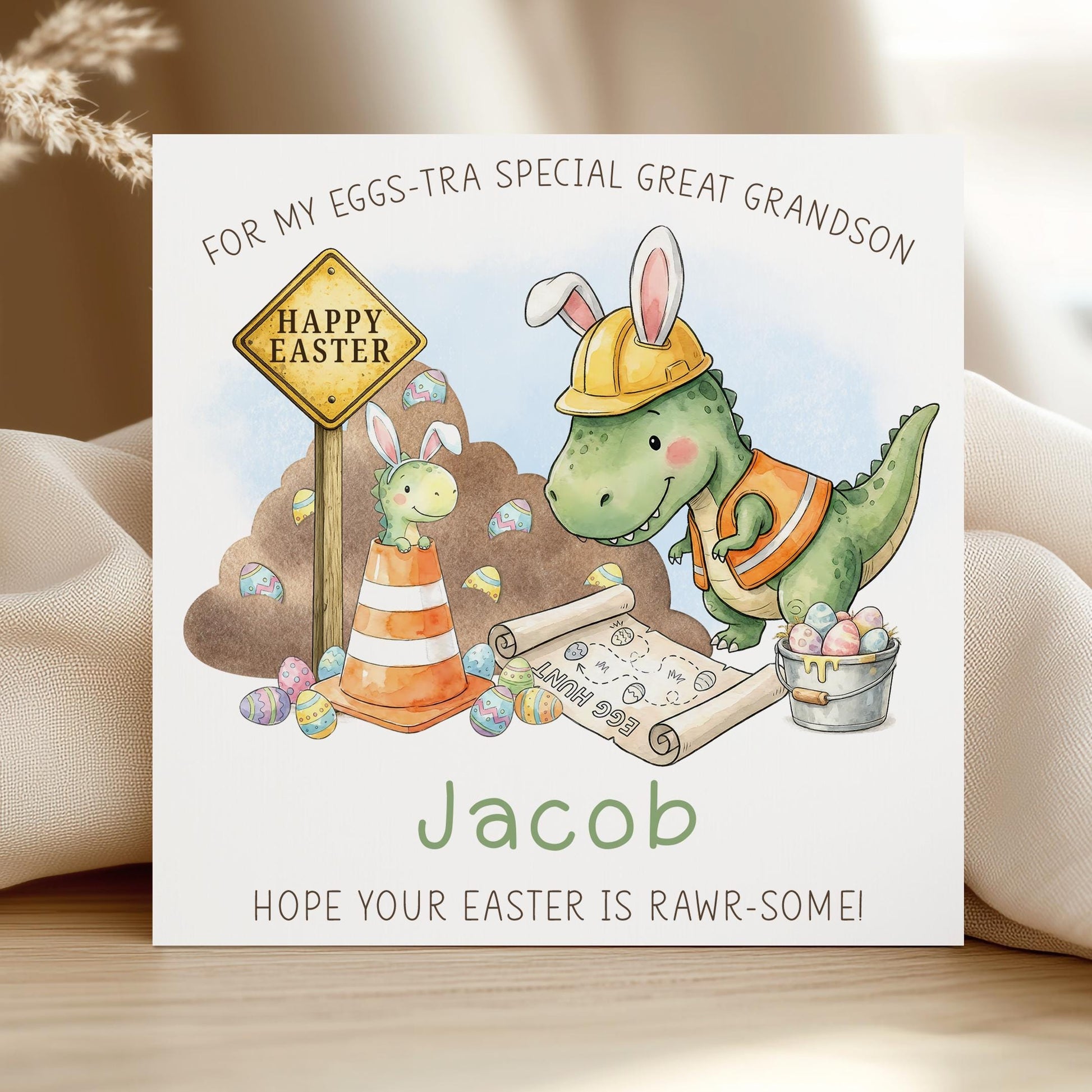 Dinosaur Easter Card for Boys - Grandson, Son, Nephew, Godson - Fun Dino Egg Hunt Easter Cards