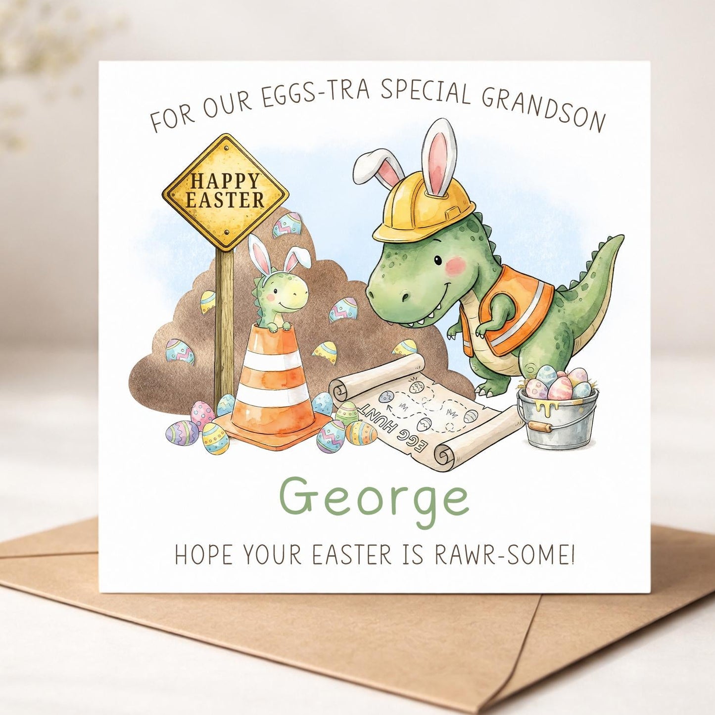 Dinosaur Easter Card for Boys - Grandson, Son, Nephew, Godson - Fun Dino Egg Hunt Easter Cards