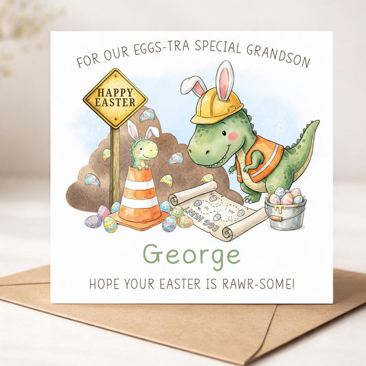 Dinosaur Easter Card for Boys - Grandson, Son, Nephew, Godson - Fun Dino Egg Hunt Easter Cards