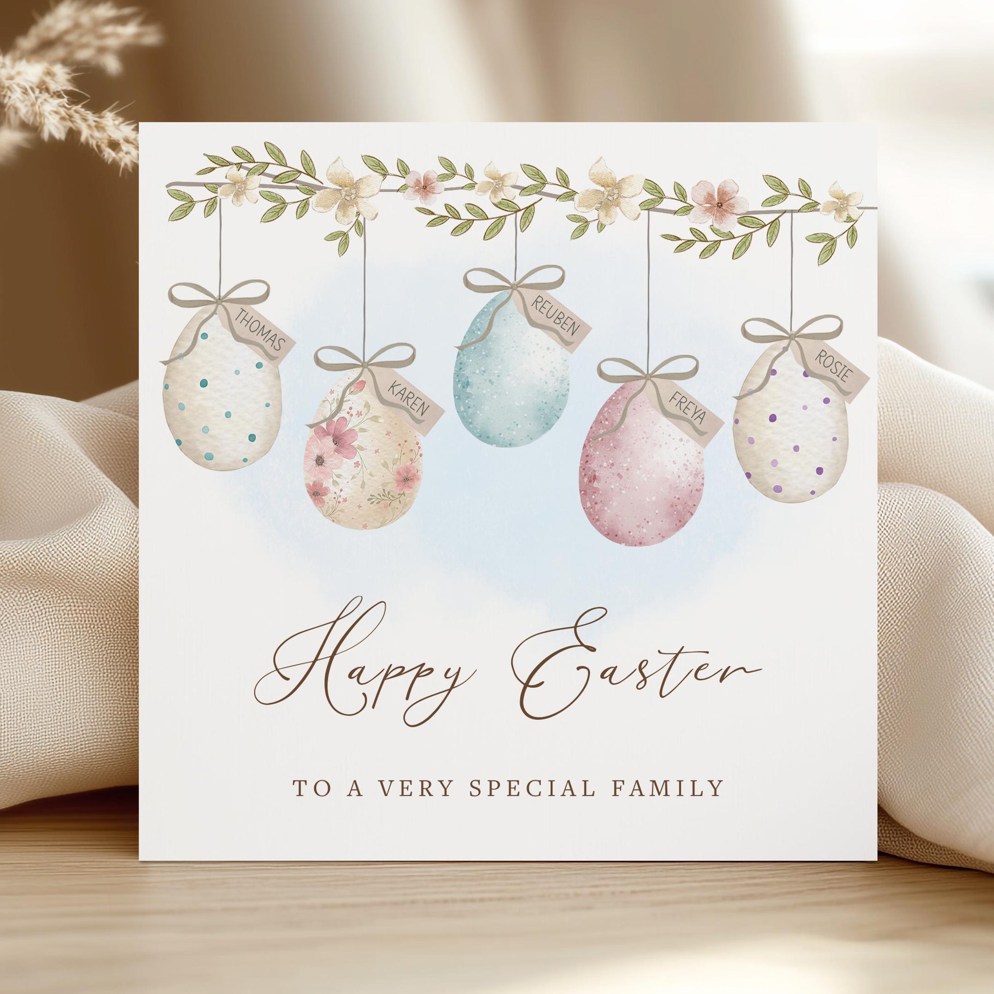 Personalised Easter Card for Family, Custom Names Easter Eggs Card for Son, Daughter & Family
