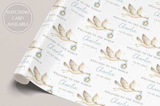 Personalised New Baby Boy's & Girl's Stork Wrapping Paper - Choice of Designs