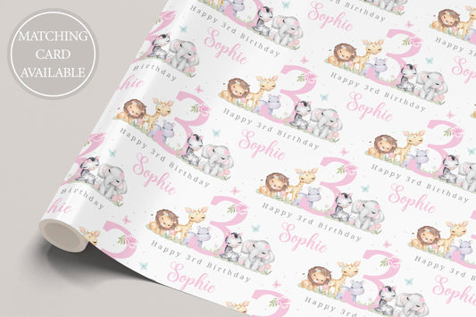 Personalised Girl's Safari Animals Birthday Gift Wrapping Paper